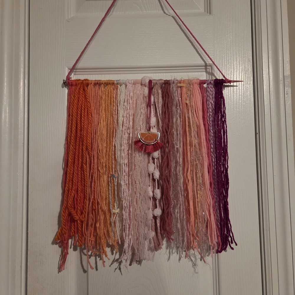 Boho Pink & Orange Yarn Wall Hanging Tapestry 100% Upcycled Handmade Decor